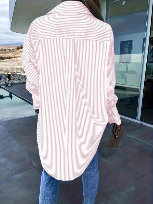 Plus Size Striped Print High Low Button Front Split Hem Drop Shoulder Shirt, Holiday Outfits, Long Sleeve Collared Top for Lady, Going Out Tops, Elegant Girlfriend Clothes for Spring & Fall