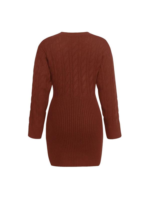 Women's Plain Button Front V Neck Sweater Dress, Casual Cable Knit Long Sleeve Knitwear for Fall & Winter, Dresses for Women, Ladies Clothes for Daily Wear Casual Wear