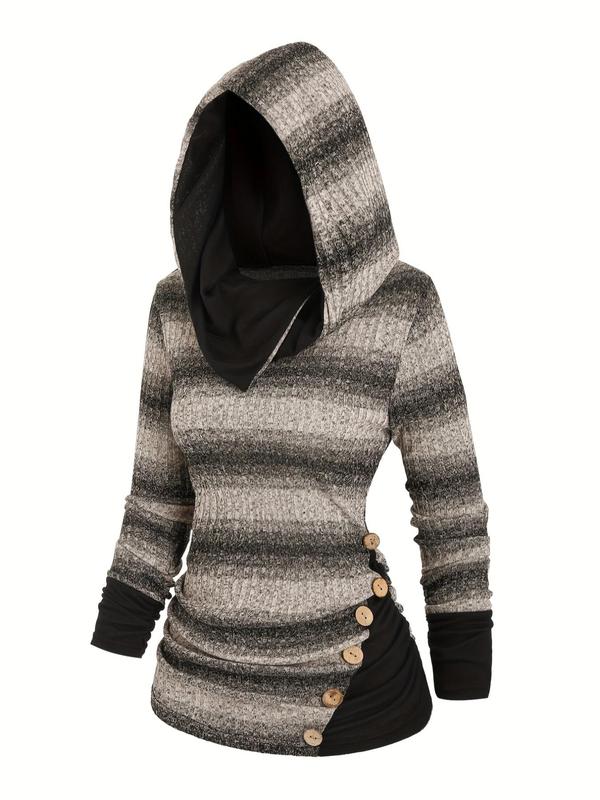 Women's Striped Print Ruched Button Front Hooded Knit Top, Casual Long Sleeve Patchwork Knitwear for Fall & Winter, Women's Clothes for Daily Wear