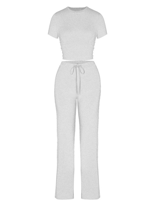 Women's Solid Color Crop Tee & Drawstring Waist Pants Set, Casual Round Neck Short Sleeve Top & Trousers for Daily Wear, Ladies Outfits for All Seasons, Gym Outfits