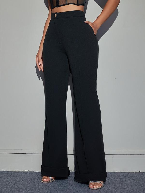 Women's Plain High Waist Flare Leg Pants, Casual Comfy Pocket Trousers for Spring & Fall, Women's Bottoms for Daily Wear