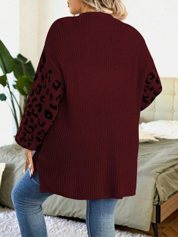  Leopard Print Drop Shoulder Split Hem Cardigan, Casual Long Sleeve Open Front Knitwear for Spring & Fall, Gift Set for Women, Cardigan for Women, Women's Plus Clothing for Daily Wear for Christmas