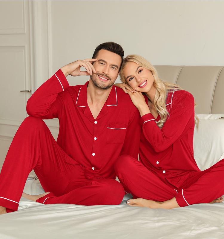 SWOMOG Couple Matching Pajamas Set Long Sleeve Button Down  Festival Party Xmas Sleepwear Couple Christmas Pajama Set Comfort Fabric Fit Womenswear