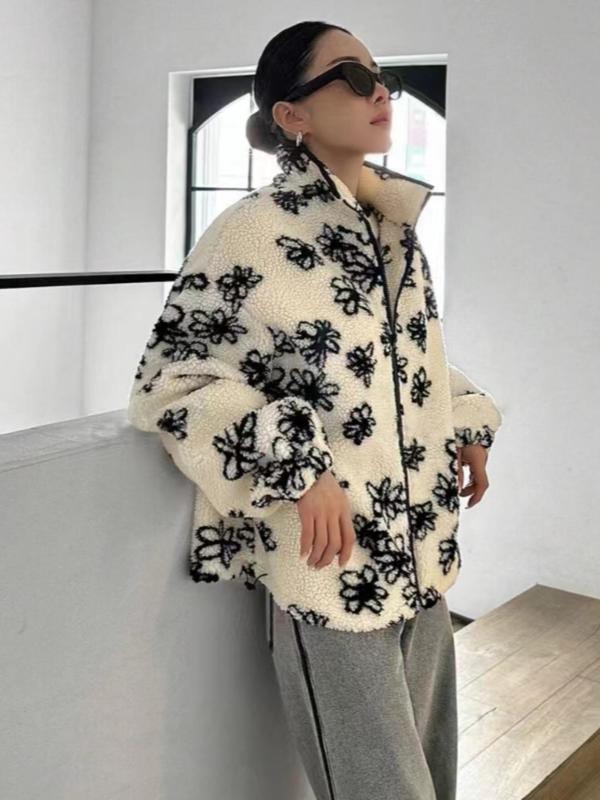 Women's Floral Print Drop Shoulder Fuzzy Jacket, Fashion Tops, Casual Long Sleeve Zip Up Outerwear for Daily Outdoor Wear, Women Clothing for Fall & Winter