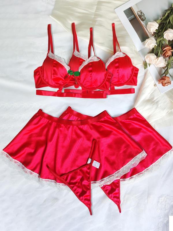 Women's Contrast Lace Underwire Bra & Thong & Skirt Three-piece Set, Sexy Satin Lingerie Set, Lingerie Set for Women