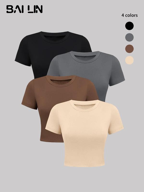 Women's Plain Round Neck Short Sleeve Crop Tee, Casual Comfy Cropped T-shirt, Summer Clothes Women, Fall Clothes, Women's T Shirts Clothing, Mitsy Crop Top