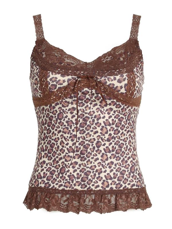 Women's Leopard Print Bow Front Contrast Lace Cami Top, Casual Spaghetti Strap Top for Spring & Fall, Women's Clothing for Daily Wear