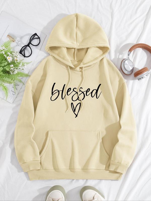 Women's Letter & Heart Print Drawstring Pocket Hoodie, Casual Long Sleeve Hooded Sweatshirt for Spring & Fall, Fashion Women's Clothes for Daily Wear