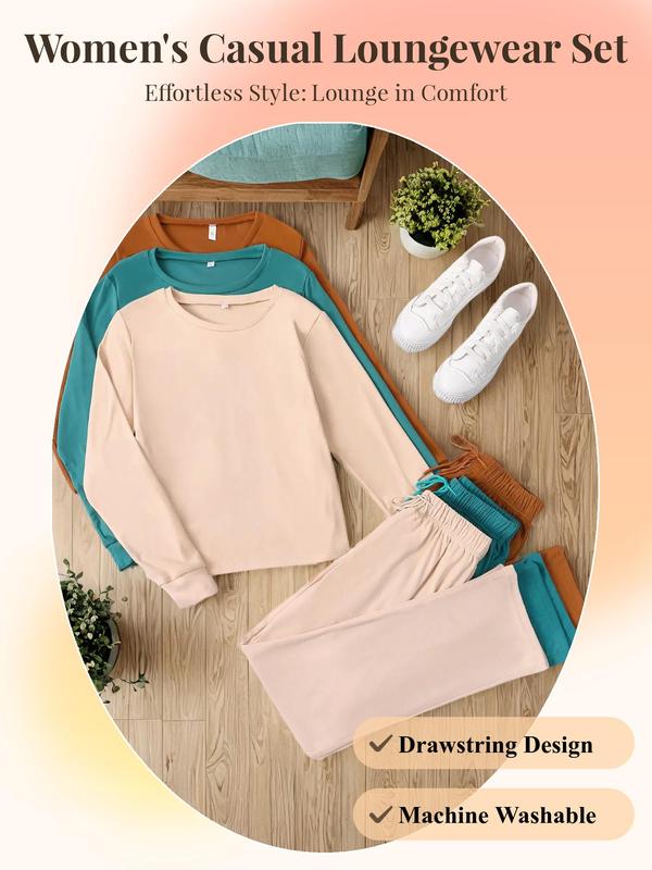 Women's Solid Color Long Sleeve Tee & Drawstring Waist Pants Loungewear Set, Casual Comfy Round Neck Top & Trousers Lounge Set, Ladies Loungewear for Spring & Fall