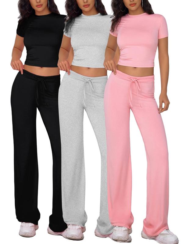 Women's Solid Color Crop Tee & Drawstring Waist Pants Set, Casual Round Neck Short Sleeve Top & Trousers for Daily Wear, Ladies Outfits for All Seasons, Gym Outfits