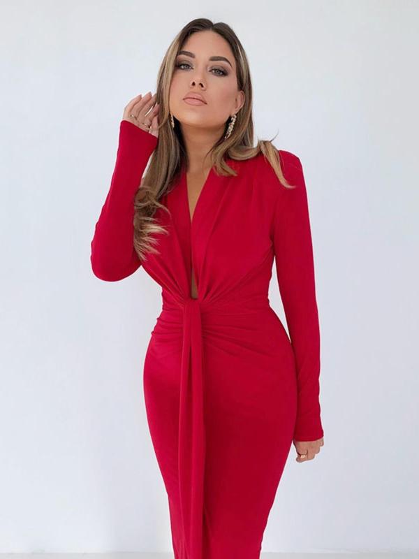 Women's Plain Ruched Wrap Deep V Neck Bodycon Dress, Elegant Long Sleeve Long Dress for Party Holiday Wedding Guest, Women Party Dress, Ladies Spring & Fall Clothes