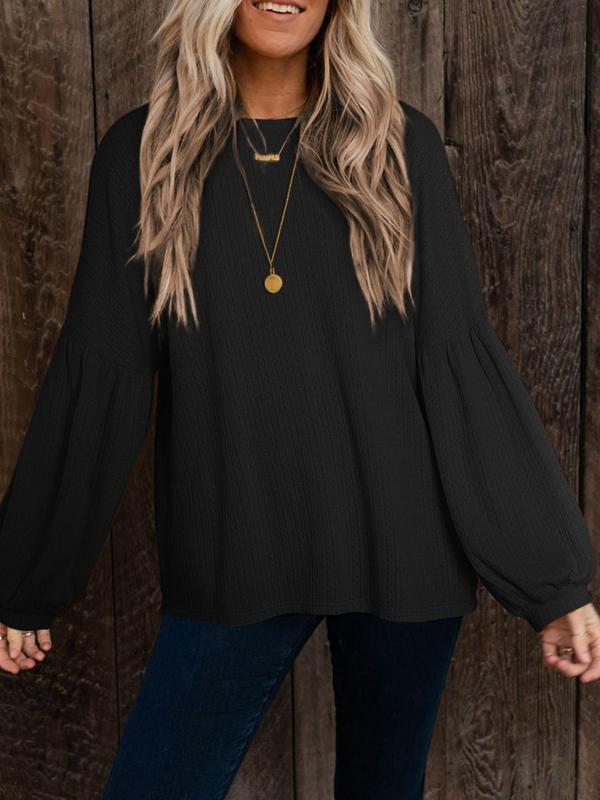 Women's Textured Asymmetrical Hem Bishop Sleeve Top, Casual Long Sleeve Round Neck Top for Fall & Winter, Fashion Ladies' Clothing for Daily Wear