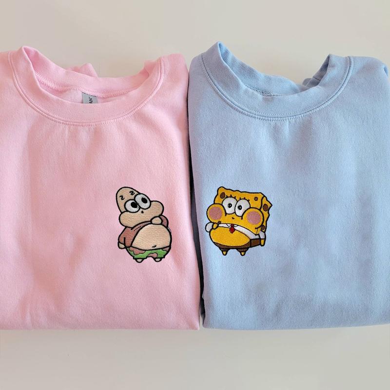 SpongeBob & Patrick Couple Embroidered Sweatshirt, SpongeBob and Patrick Star Couple Embroidered Hoodie, Couple Shirts For Lovers, Best Gifts