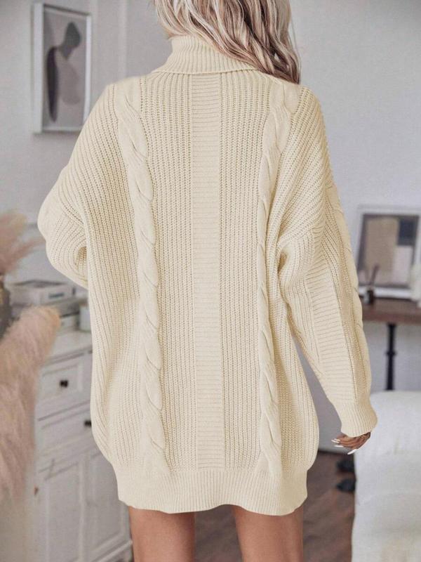 Women's Solid Twist Texture Drop Shoulder Cable Knit Sweater Dress, Casual Long Sleeve Turtleneck Knit Dress for Spring & Fall, Fashion Women's Clothing for Daily Wear