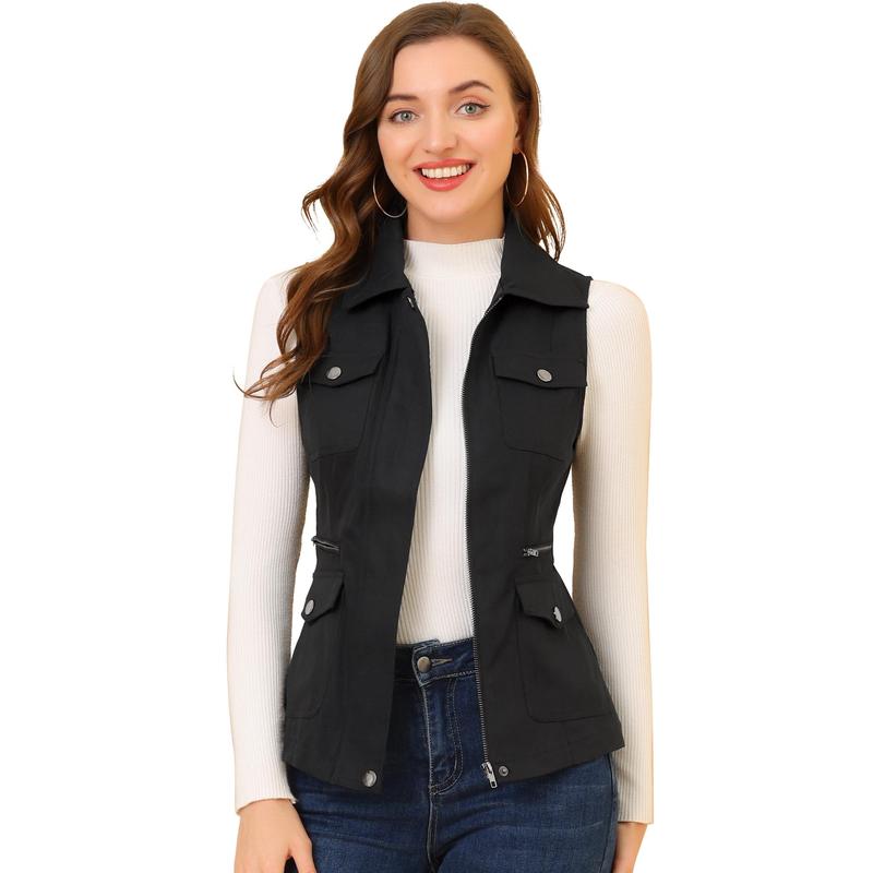 Allegra K Zip Up Jacket with Pockets Sleeveless Cargo Utility Vest Black