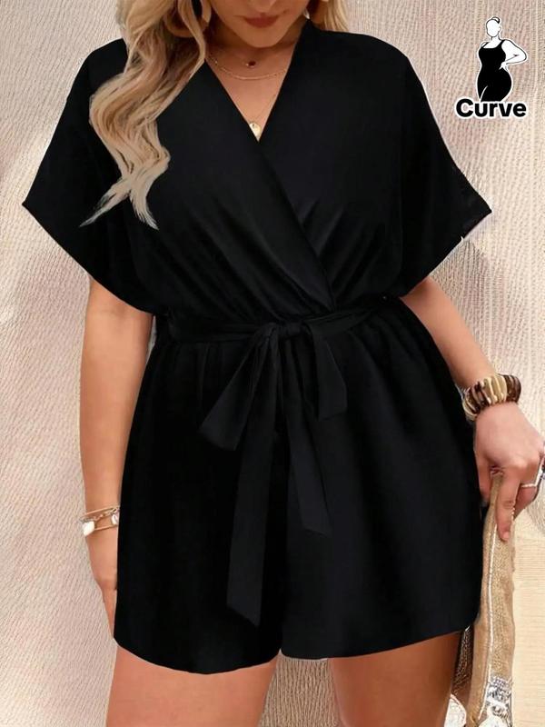  Plain Tie Front Wrap Batwing Sleeve Romper, Boho Clothes, Summer Clothes Women, Summer Outfits 2024, Plus Casual Short Sleeve V Neck Romper, Shortsleeve Womenswear