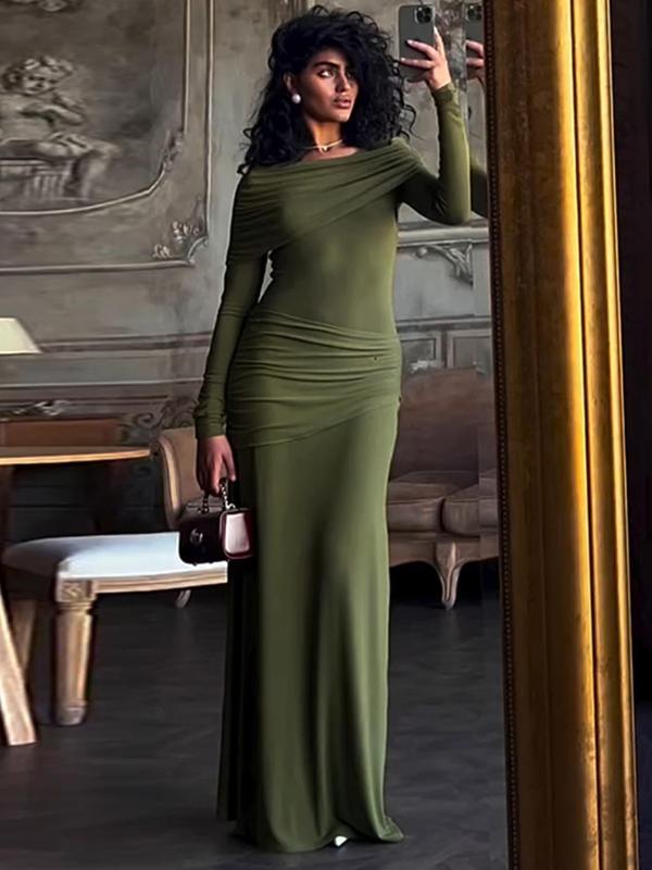 Women's Plain Ruched Bodycon Dress, Elegant Long Sleeve Round Neck Maxi Dress for Party Club Dating Wear, Women's Clothing for Spring & Fall