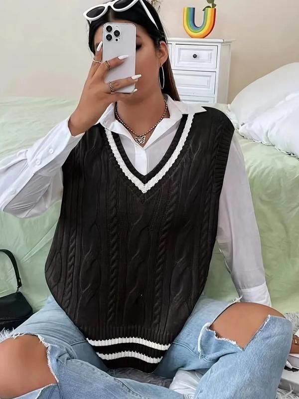 Plus Striped Trim Knit Sweater Vest Without Blouse V-neck Sweater Vest Women Vneck Casual Fit long sleeve knit outwear shoulder cardigan everyday sweater zea goo casual sweater