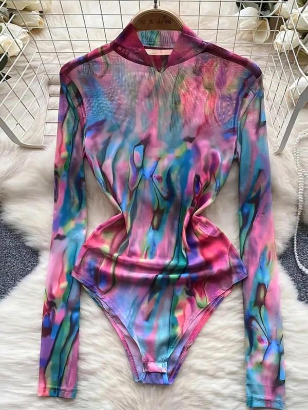 Women's Tie Dye Print Long Sleeve Bodysuit, Casual High Neck Bodysuit, Ladies Clothes for Spring & Fall