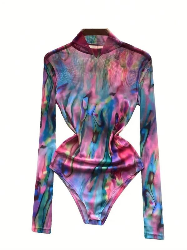 Women's Tie Dye Print Long Sleeve Bodysuit, Casual High Neck Bodysuit, Ladies Clothes for Spring & Fall