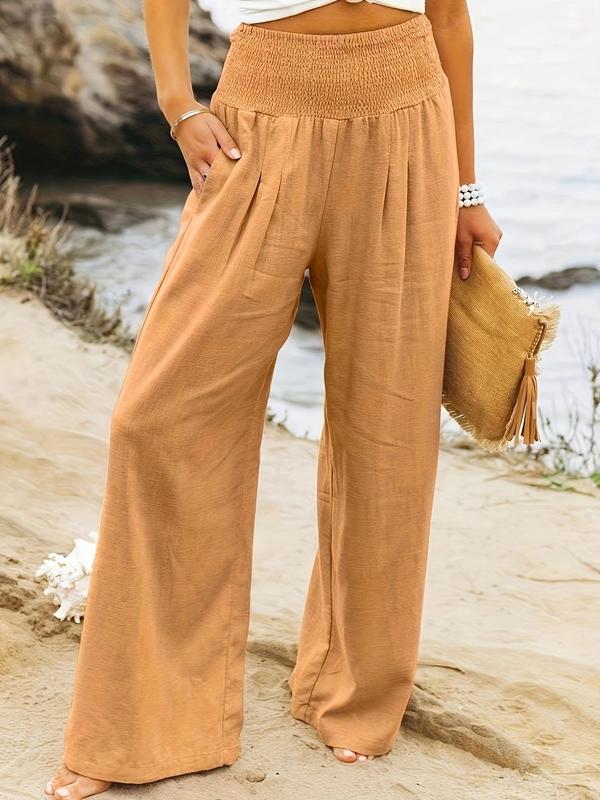 Women's Plain Pocket Shirred Wide Leg Pants, Going Out Outfits 2024, Casual Comfy High Waist Straight Leg Trousers for Summer, Fashion Women's Bottoms for Daily Wear