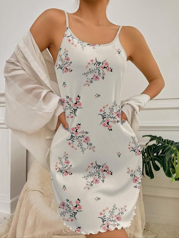 Women's Floral Print Lettuce Trim Cami Nightdress, Casual Summer Sleeveless Sleep Dress, Women's Sleepwear & Loungewear