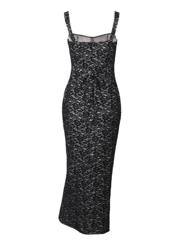 Women's Floral Lace Contrast Mesh Cami Dress, Elegant Sleeveless Long Dress for Party Club Dating Wear, Ladies Clothes for All Seasons