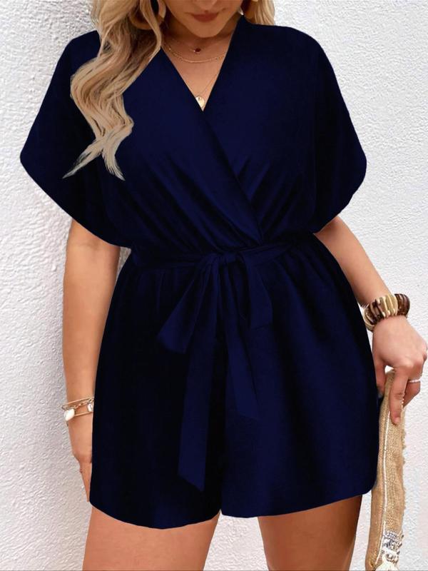  Plain Tie Front Wrap Batwing Sleeve Romper, Boho Clothes, Summer Clothes Women, Summer Outfits 2024, Plus Casual Short Sleeve V Neck Romper, Shortsleeve Womenswear