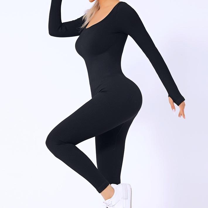 Tummy Control Jumpsuit with Square Neckline, Ribbed Texture, 360 Support, and Thumb Hole Detail. Women's Overalls for Stylish Underwear Appeal.