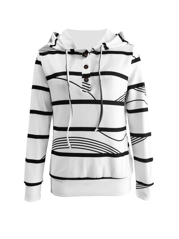 Women's Striped Print Button Front Drawstring Hoodie, Fall Clothing Women, Casual Long Sleeve Hooded Pullover for Spring & Fall, Country Outfits, Women's Clothes for Daily Wear