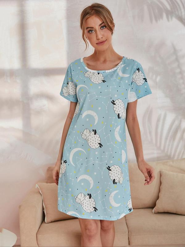 Women's Sheep & Galaxy Print Nightdress, Casual Comfortable Round Neck Short Sleeve Nightgown, Ladies Sleepwear for All Seasons