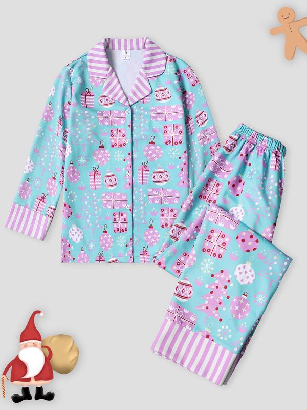 Two-piece Set Women's Christmas All Over Tree Print Pajama Set, Casual Long Sleeve Lapel Neck Top & Pants Pj Set, Women Nightwear, Women's Sleepwear for Spring & Fall