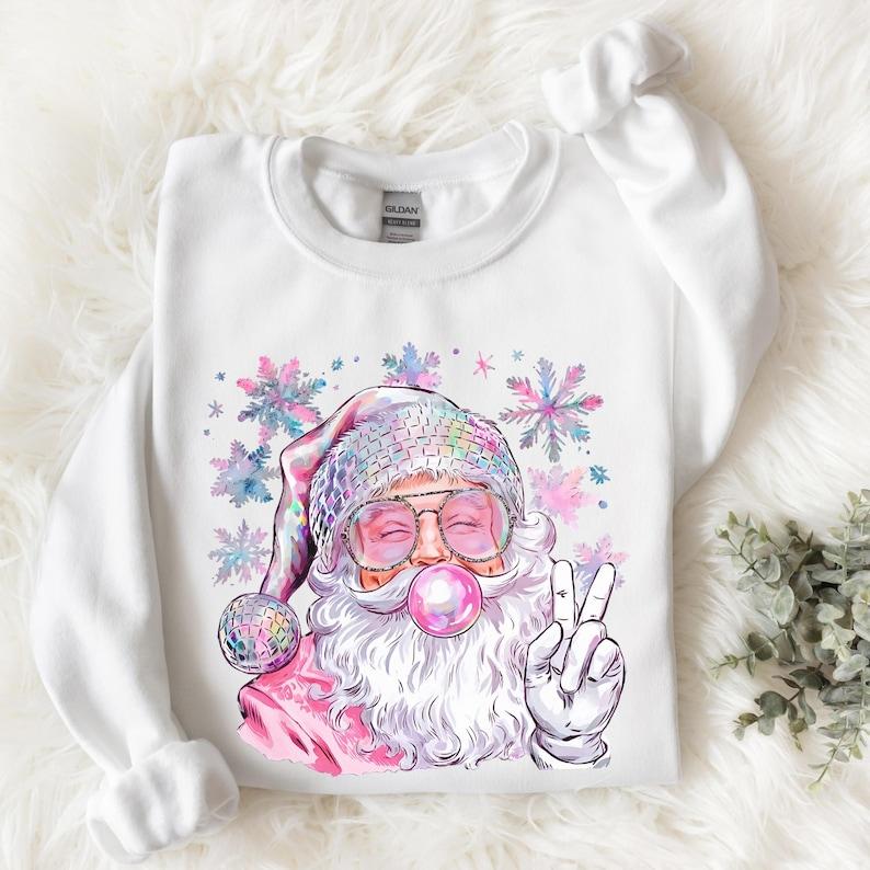 Retro Santa Sweatshirt, Pink Christmas Sweater, Women's Holiday Crewneck, Xmas Gifted for Her, Trendy Festive Sweatshirt, Bubblegum Santa