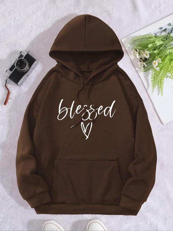 Women's Letter & Heart Print Drawstring Pocket Hoodie, Casual Long Sleeve Hooded Sweatshirt for Spring & Fall, Fashion Women's Clothes for Daily Wear