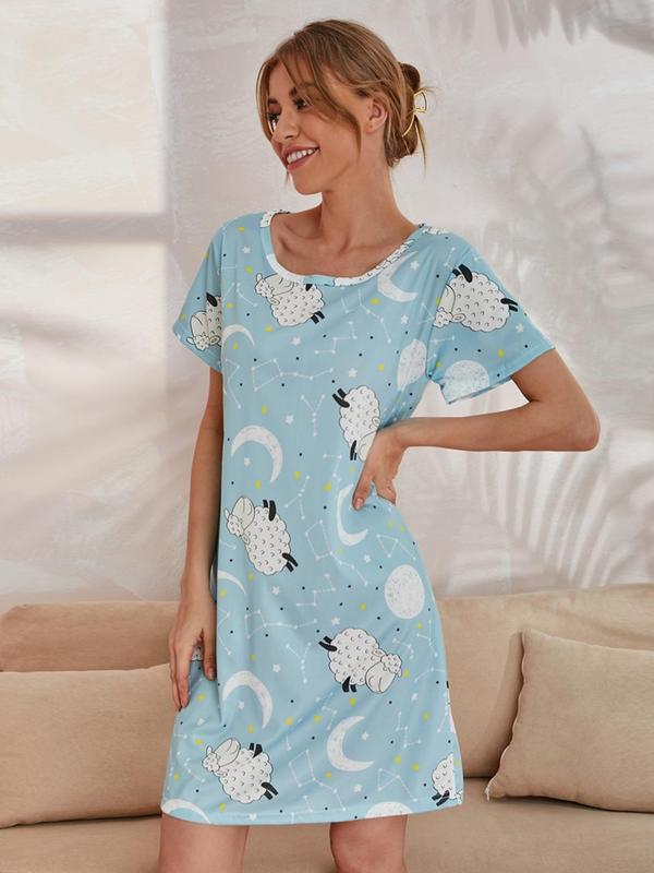 Women's Sheep & Galaxy Print Nightdress, Casual Comfortable Round Neck Short Sleeve Nightgown, Ladies Sleepwear for All Seasons