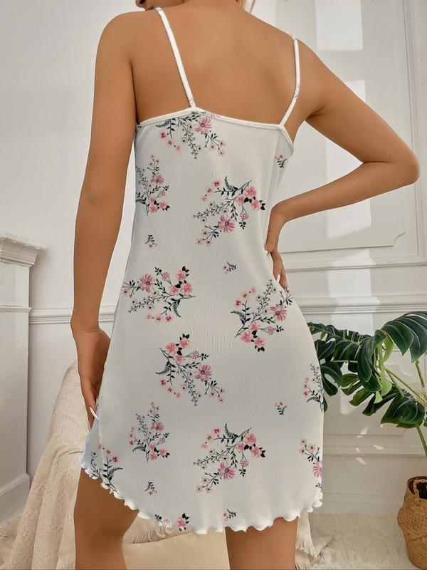 Women's Floral Print Lettuce Trim Cami Nightdress, Casual Summer Sleeveless Sleep Dress, Women's Sleepwear & Loungewear