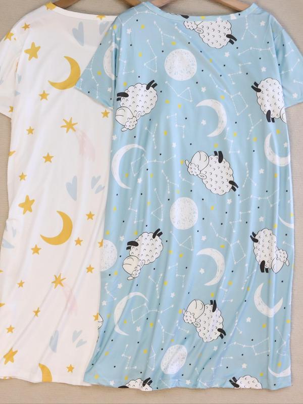 Women's Sheep & Galaxy Print Nightdress, Casual Comfortable Round Neck Short Sleeve Nightgown, Ladies Sleepwear for All Seasons