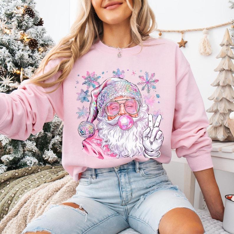 Retro Santa Sweatshirt, Pink Christmas Sweater, Women's Holiday Crewneck, Xmas Gifted for Her, Trendy Festive Sweatshirt, Bubblegum Santa