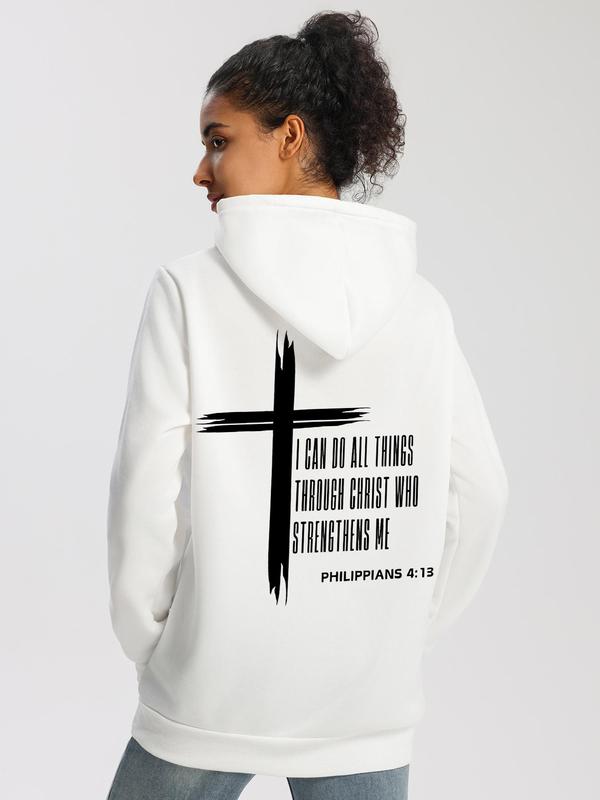 Women's Cross & Letter Print Thermal Lined Hoodie, Casual Long Sleeve Hooded Sweatshirt for Fall & Winter, Women's Clothes for Daily Wear