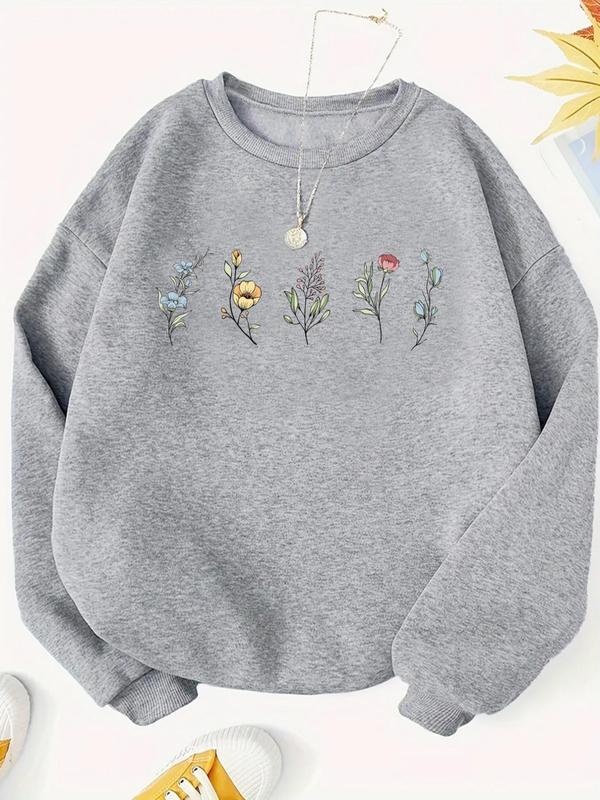 Women's Floral Embroidery Crew Neck Sweatshirt, Casual Long Sleeve Pullover for Fall & Winter, Women's Clothes for Daily Wear