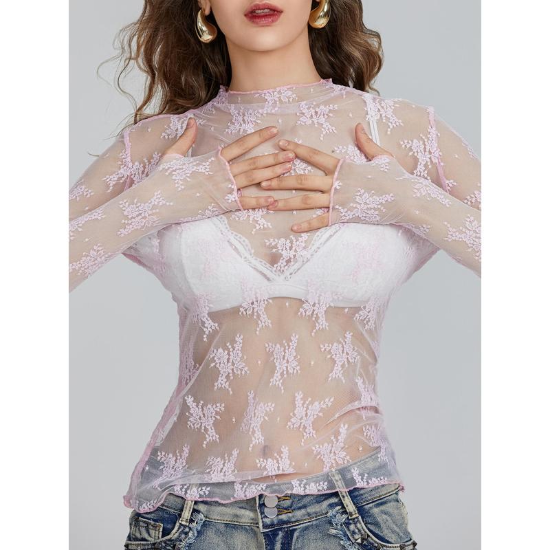 Women Long Sleeve T-Shirts Mesh See-Through Mock Neck Lace Shirts Spring Fall Slim Fit Tops Streetwear Womenswear Blouse