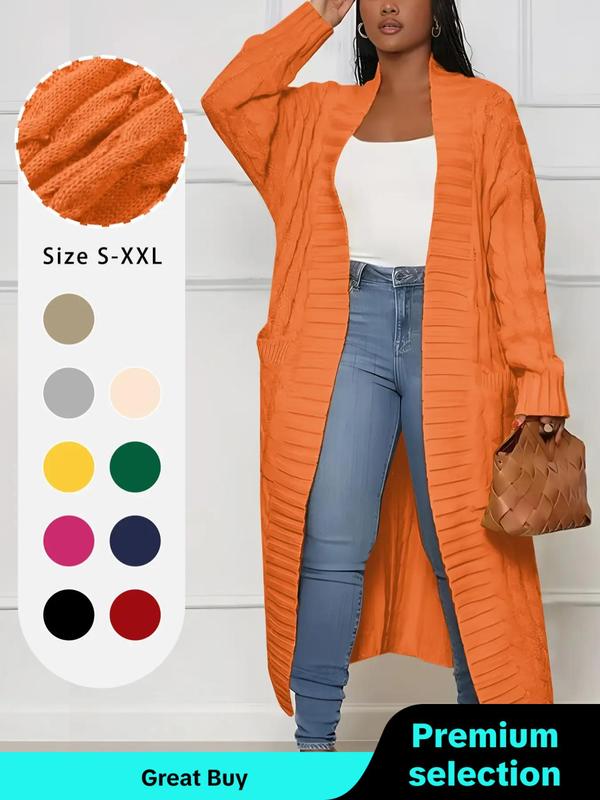 Women's Solid Textured Dual Pocket Drop Shoulder Open Front Cardigan, Cardigan for Women, Casual Long Sleeve Midi Cardigan, Coats for Women, Ladies Knitwear for Fall, Fall Clothing Women Sweaters for Women