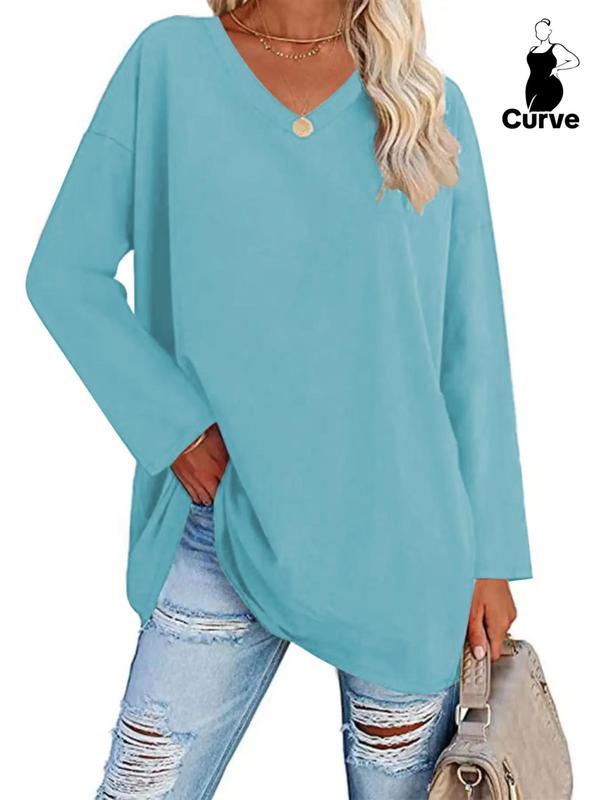 Plus Size Solid Drop Shoulder V Neck Tee, Casual Long Sleeve T Shirts for Women for Daily Wear, Women Plus Clothing for All Seasons, Fall Outfits, Fallfreshness Y2K, Fall clothes 2024