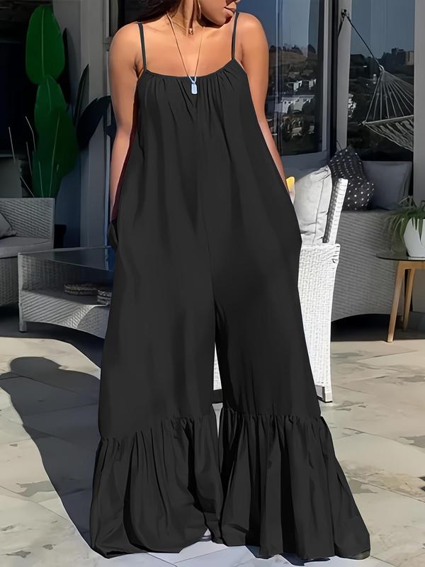 Women's Plain Ruffle Hem Cami Jumpsuit, Casual Adjustable Strap Wide Leg Jumpsuit for Summer, Women's Jumpsuit for Beach Holiday