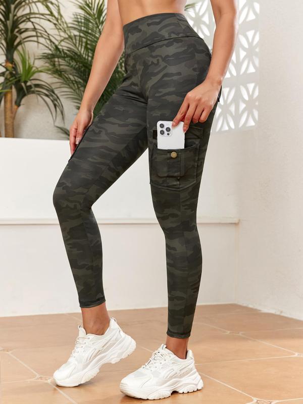 Women's Camo Print Flap Pocket Leggings, Comfort Women Clothing, Casual High Waist Skinny Pants, Leggings for Women, Ladies Bottoms for All Seasons