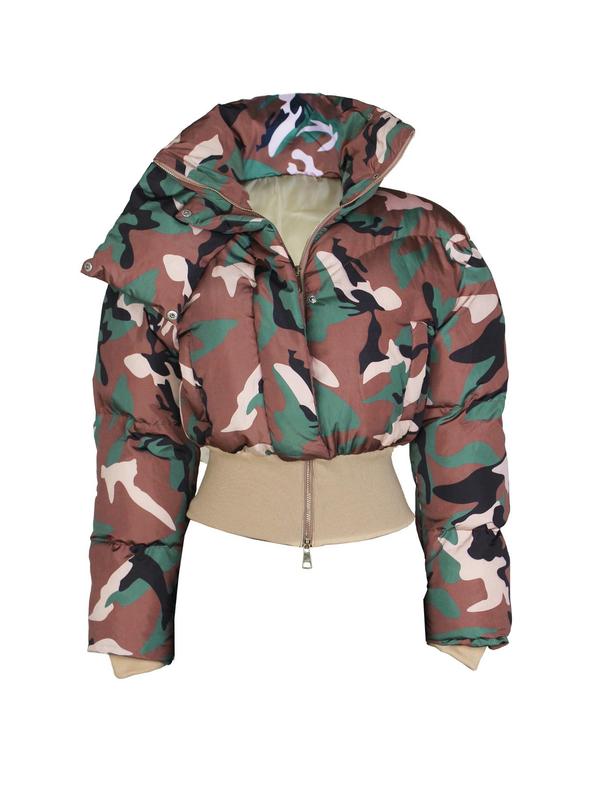 Women's Camo Patchwork Print Zip Up Crop Quilted Jacket, Casual Long Sleeve Stand Collar Outerwear for Fall & Winter, Ladies Clothes for Daily Wear