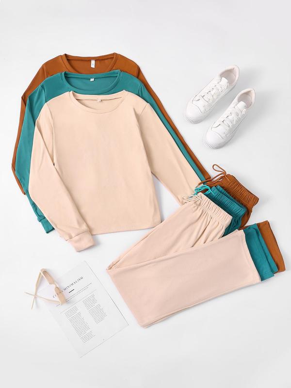 Women's Solid Color Long Sleeve Tee & Drawstring Waist Pants Loungewear Set, Casual Comfy Round Neck Top & Trousers Lounge Set, Ladies Loungewear for Spring & Fall