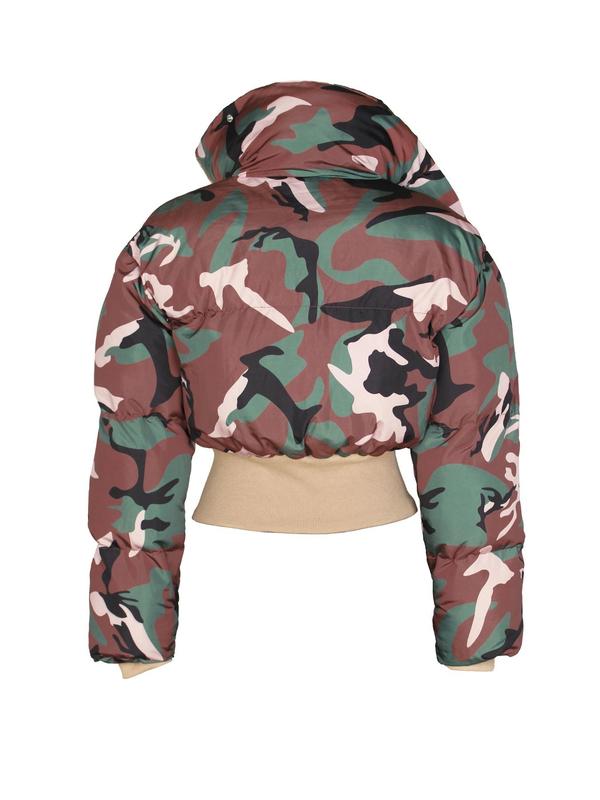 Women's Camo Patchwork Print Zip Up Crop Quilted Jacket, Casual Long Sleeve Stand Collar Outerwear for Fall & Winter, Ladies Clothes for Daily Wear