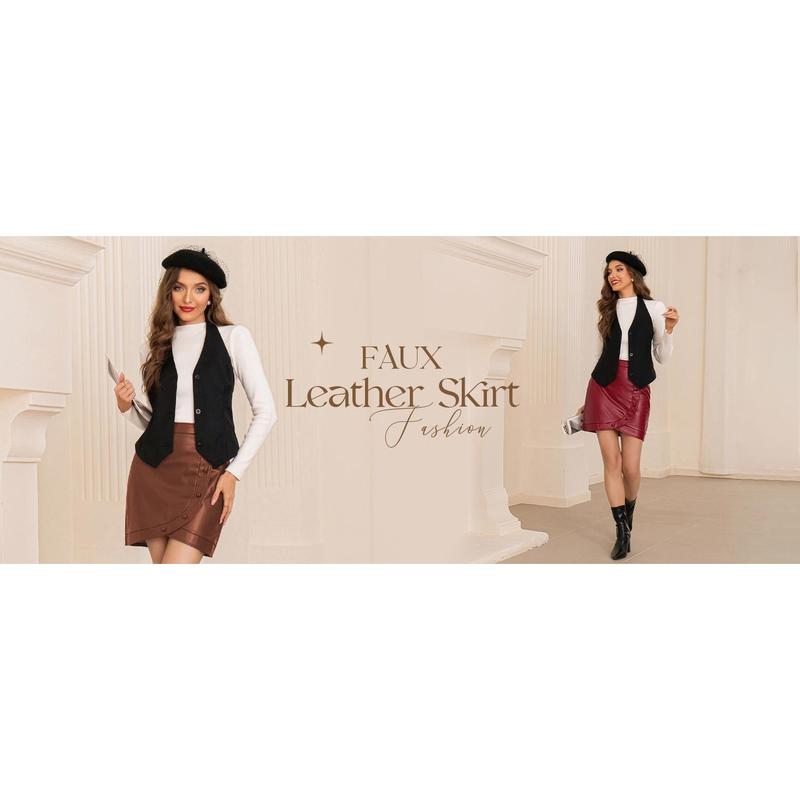 Women faux leather skirt high waisted button Decro wrap short pencil bodycon skirts