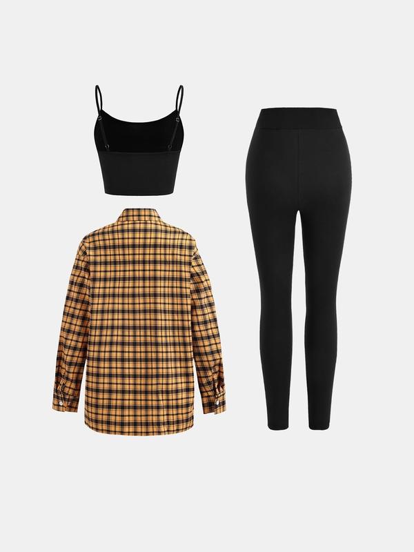 YOZY Three-Piece Set Women's Plaid Print Button Front Shirt & Cami Top & Leggings Set, Casual Drop Shoulder Long Sleeve Top & Adjustable Strap Camisole & Skinny Pants for Daily Wear, Ladies Three-Piece Outfits for All Seasons